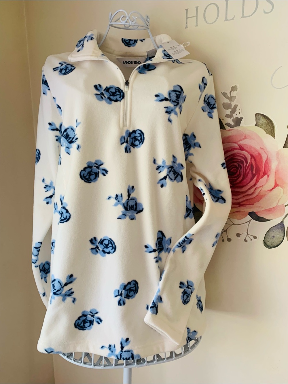 Lands’ End Women’s Anyweather Fleece Quarter Zip Pullover Blue Floral Size L NWT